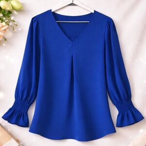 Royal Blue V-Neck Blouse XL | Long Sleeve Ruffle Cuff Dressy Top